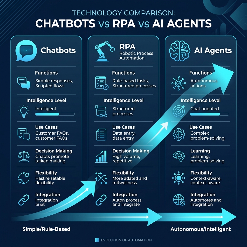 Visual comparison of AI agents versus chatbots versus RPA showing the evolution from scripted responses to autonomous task execution