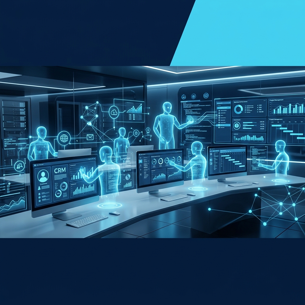Autonomous AI agents managing business workflows across connected dashboards and systems