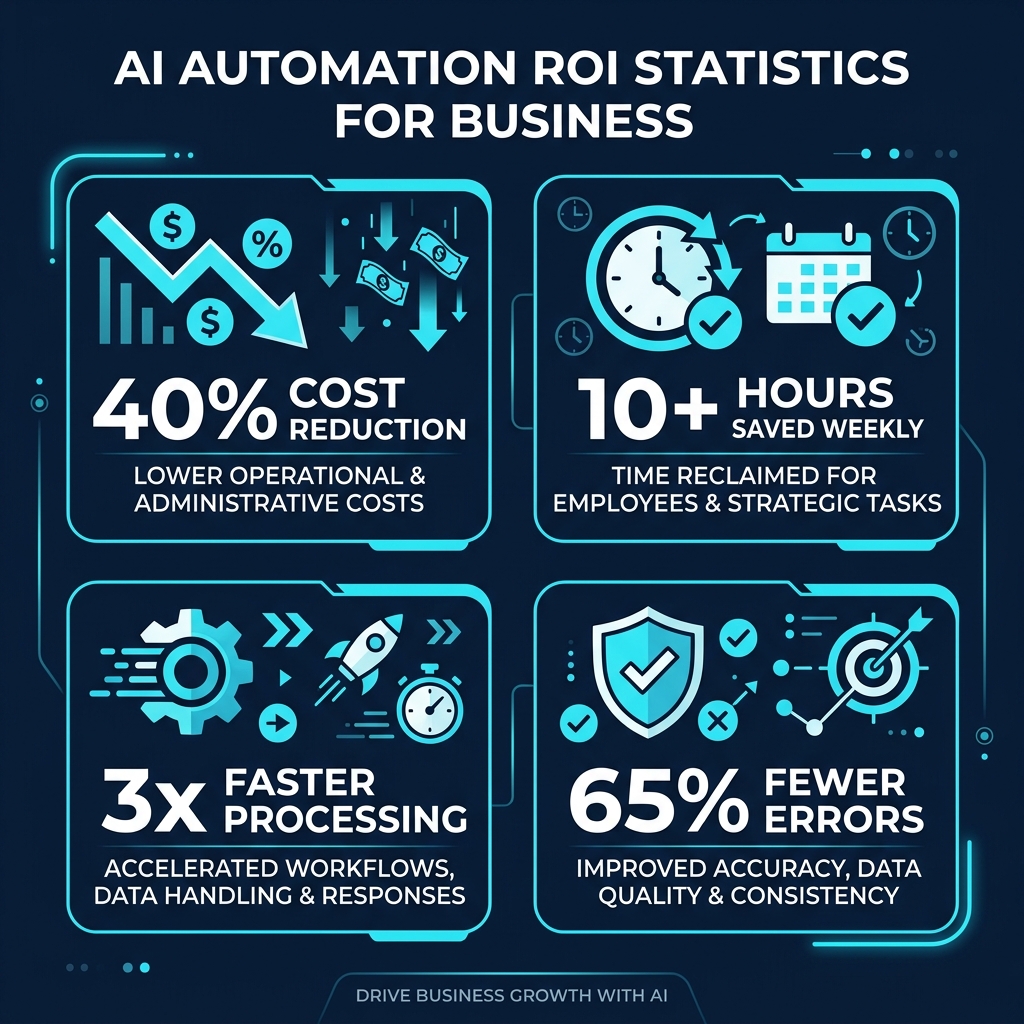 AI automation ROI infographic showing 40% cost reduction, 10+ hours saved weekly, 3x faster processing, and 65% fewer errors for business operations